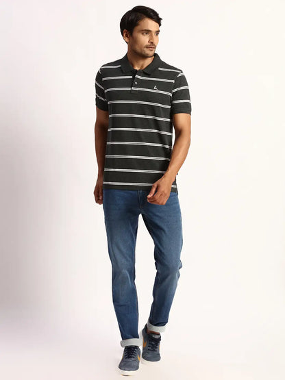 Men Grey Regular Fit Yarn Dyed Cotton Round Neck Collar Polo T-Shirt