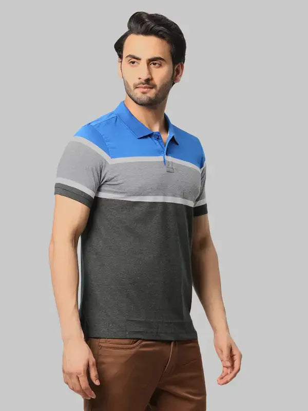 Men Blue Regular Fit Yarn Dyed Cotton Round Neck Collar Polo T-Shirt