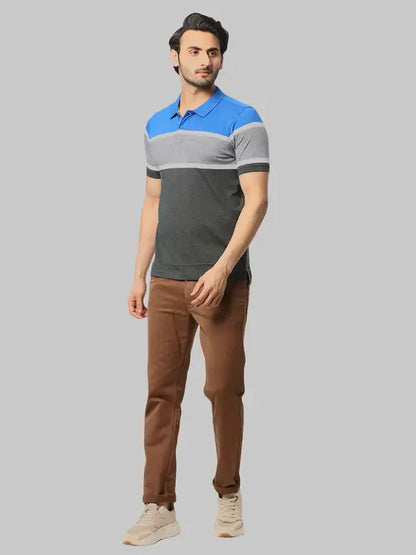 Men Blue Regular Fit Yarn Dyed Cotton Round Neck Collar Polo T-Shirt