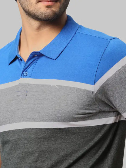 Men Blue Regular Fit Yarn Dyed Cotton Round Neck Collar Polo T-Shirt
