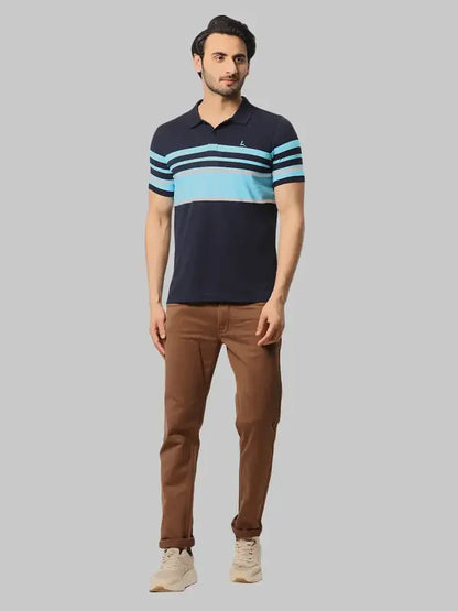 Men Blue Regular Fit Yarn Dyed Cotton Round Neck Collar Polo T-Shirt