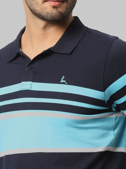 Men Blue Regular Fit Yarn Dyed Cotton Round Neck Collar Polo T-Shirt