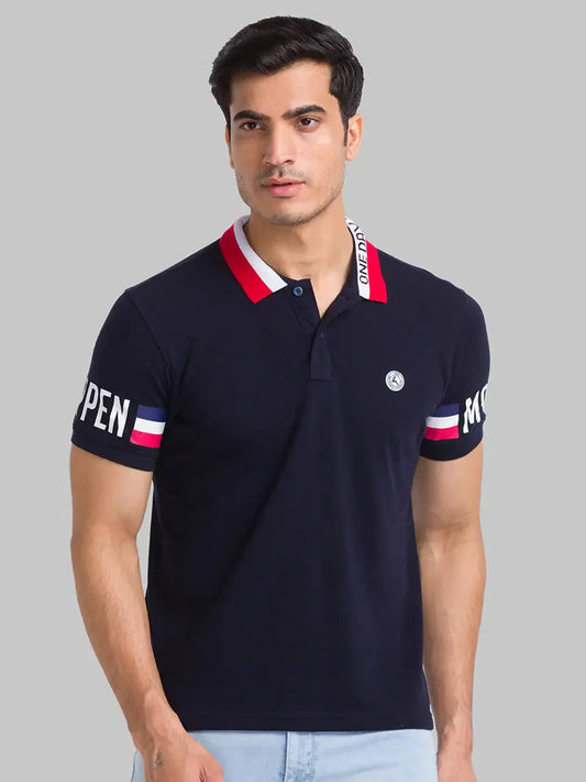 Parx Men Blue Solid Regular Fit Cotton Intarsia Neck T-Shirt
