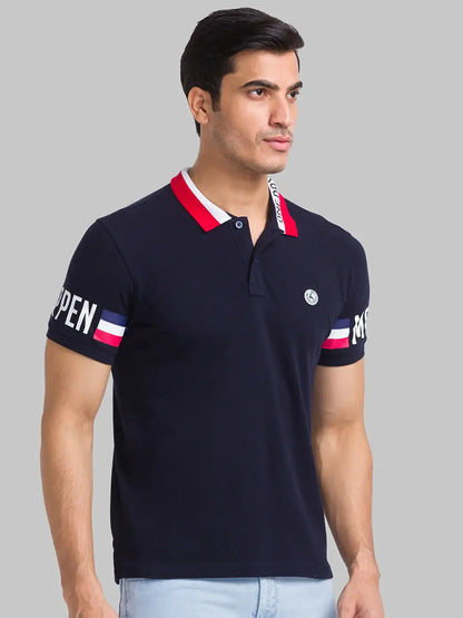 Parx Men Blue Solid Regular Fit Cotton Intarsia Neck T-Shirt