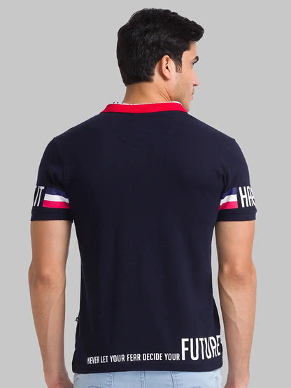 Parx Men Blue Solid Regular Fit Cotton Intarsia Neck T-Shirt