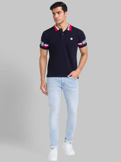 Parx Men Blue Solid Regular Fit Cotton Intarsia Neck T-Shirt