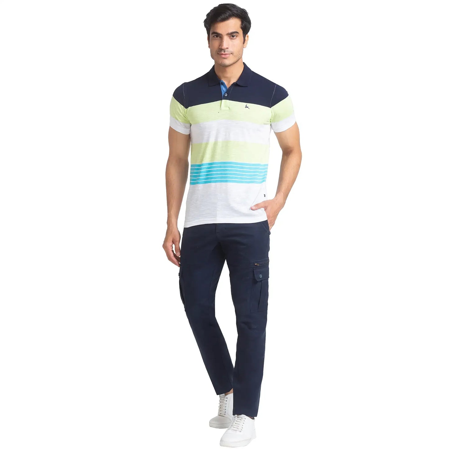Men Blue Regular Fit Yarn Dyed Cotton Round Neck Collar Polo T-Shirt