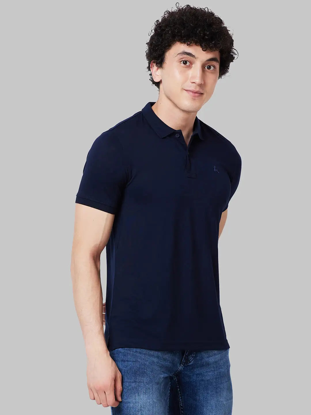 Men Blue Regular Fit Solid Polyester Blend Round Neck Collar Polo T-Shirt