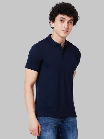 Men Blue Regular Fit Solid Polyester Blend Round Neck Collar Polo T-Shirt