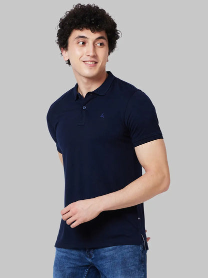 Men Blue Regular Fit Solid Polyester Blend Round Neck Collar Polo T-Shirt