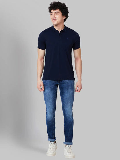 Men Blue Regular Fit Solid Polyester Blend Round Neck Collar Polo T-Shirt