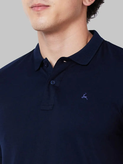 Men Blue Regular Fit Solid Polyester Blend Round Neck Collar Polo T-Shirt