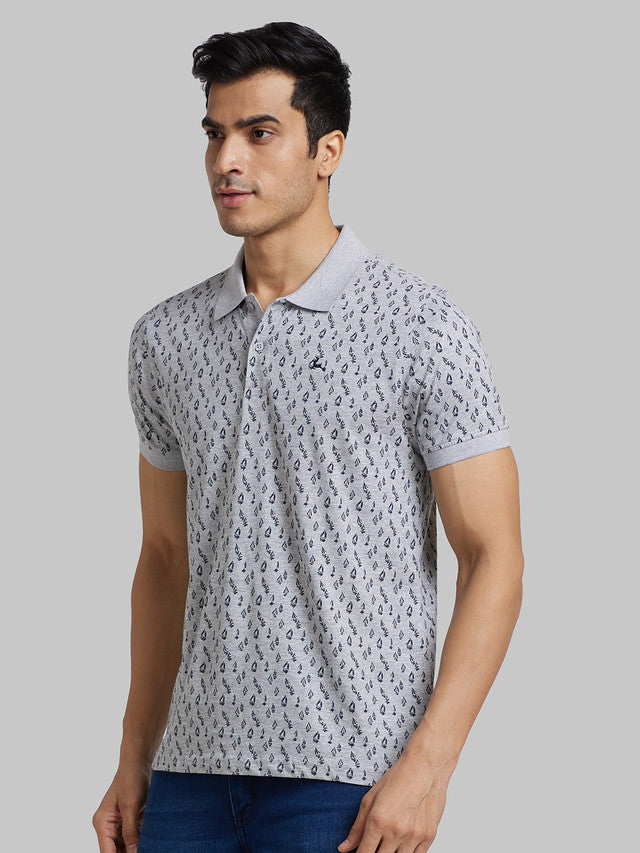 Parx Men Grey Printed Regular Fit Half Sleeve Polo Neck T-Shirt