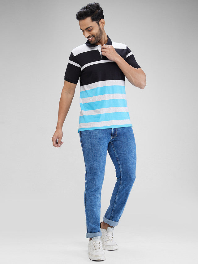 Parx Blue Yarn Dyed Regular Fit Cotton T-Shirt