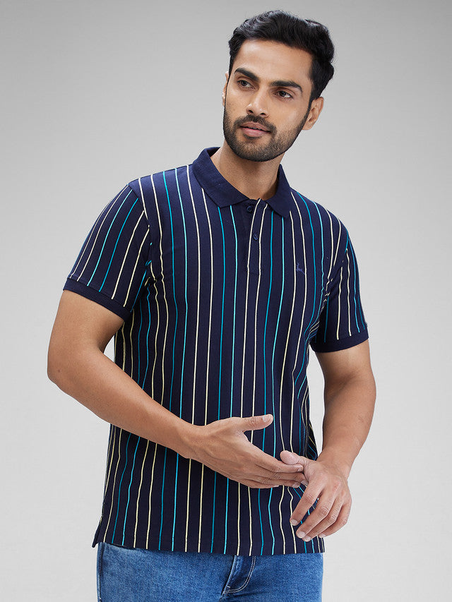 Parx Blue Yarn Dyed Regular Fit Cotton T-Shirt