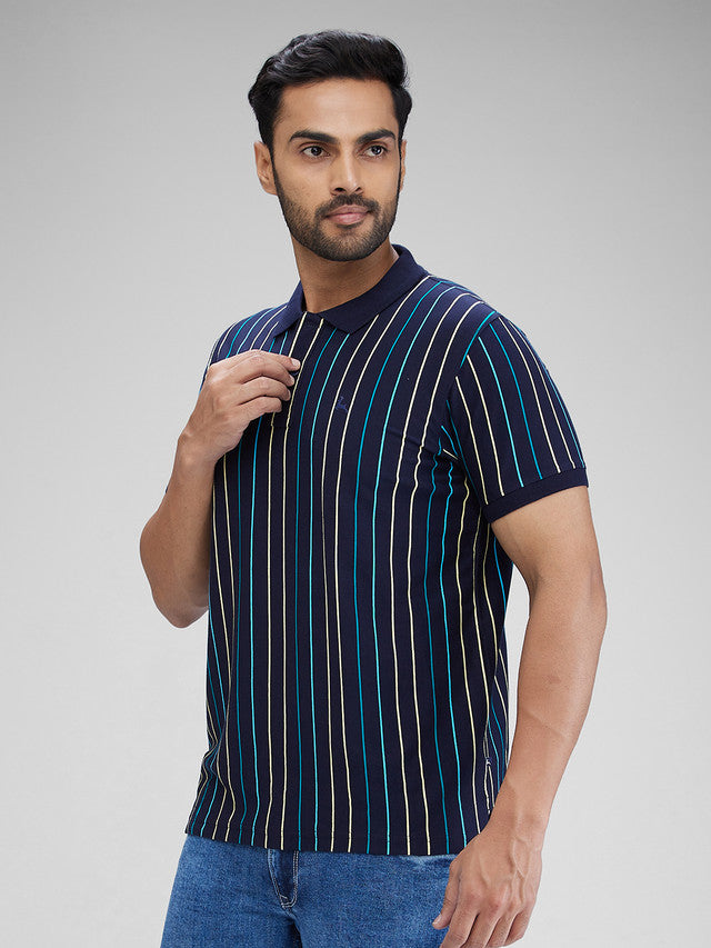 Parx Blue Yarn Dyed Regular Fit Cotton T-Shirt