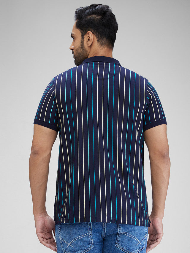 Parx Blue Yarn Dyed Regular Fit Cotton T-Shirt