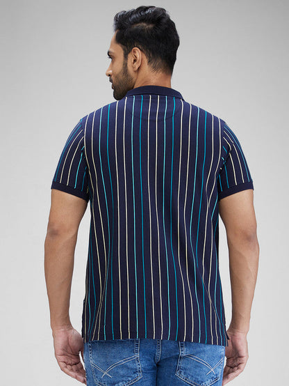 Parx Blue Yarn Dyed Regular Fit Cotton T-Shirt