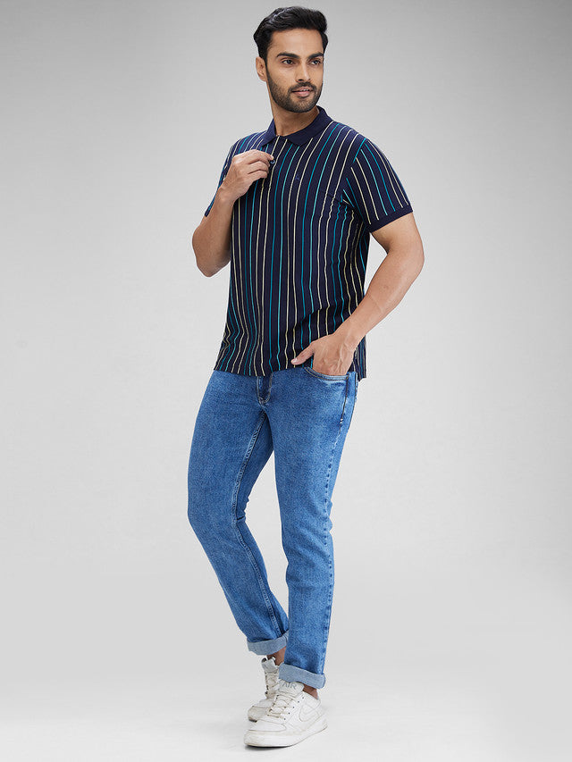 Parx Blue Yarn Dyed Regular Fit Cotton T-Shirt