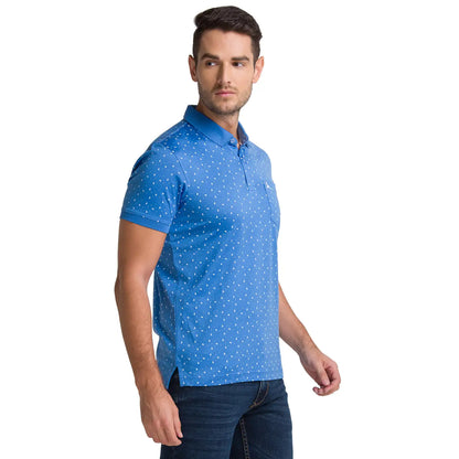 Men Blue Regular Fit Print Cotton Round Neck Collar Polo T-Shirt