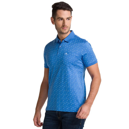 Men Blue Regular Fit Print Cotton Round Neck Collar Polo T-Shirt