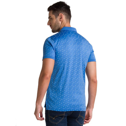 Men Blue Regular Fit Print Cotton Round Neck Collar Polo T-Shirt