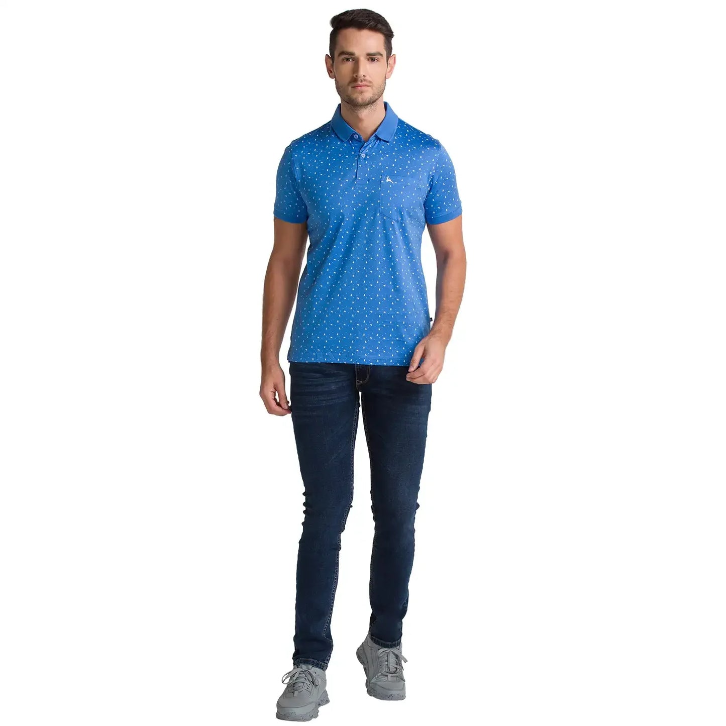 Men Blue Regular Fit Print Cotton Round Neck Collar Polo T-Shirt