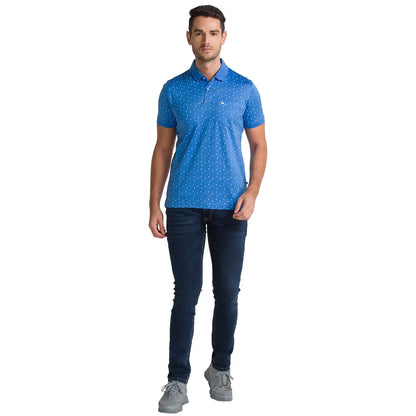 Men Blue Regular Fit Print Cotton Round Neck Collar Polo T-Shirt