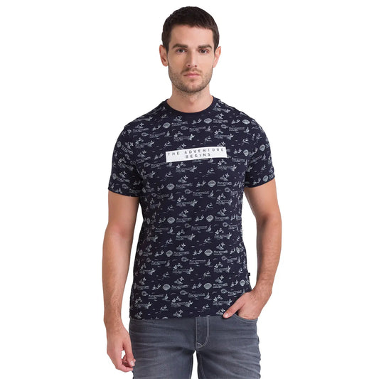 Men Blue Regular Fit Jacquard Cotton Round Neck Collar Polo T-Shirt