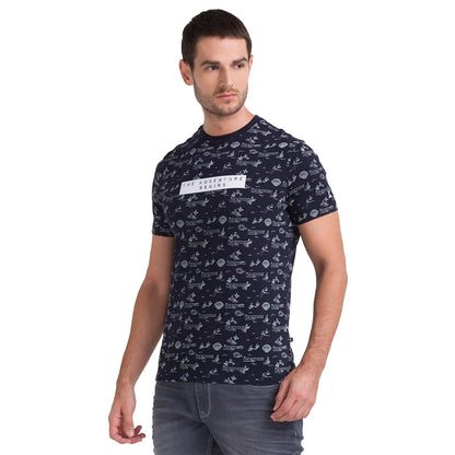 Men Blue Regular Fit Jacquard Cotton Round Neck Collar Polo T-Shirt