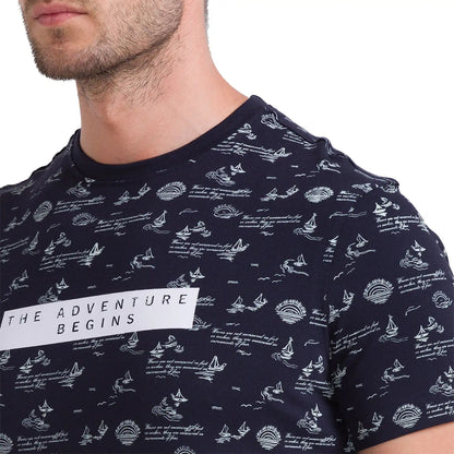 Men Blue Regular Fit Jacquard Cotton Round Neck Collar Polo T-Shirt