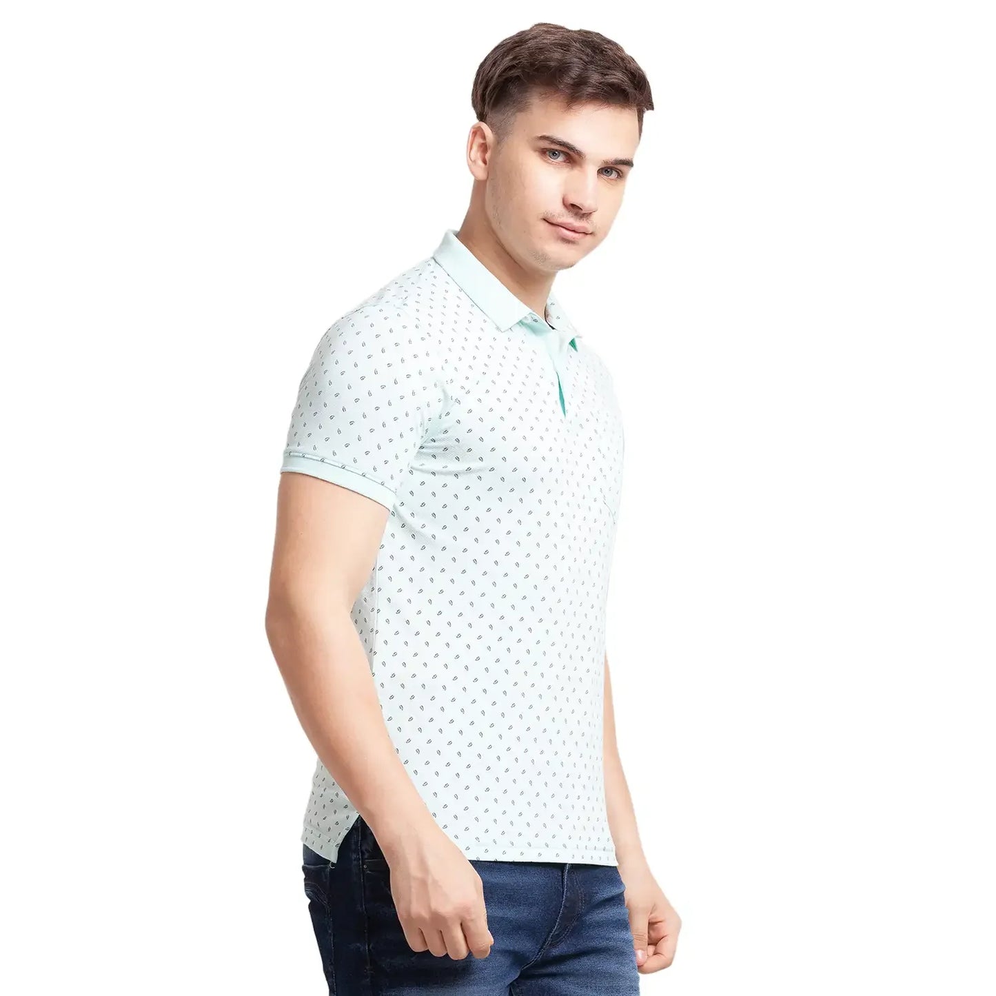 Men Green Regular Fit Print Polyester Blend Round Neck Collar Polo T-Shirt