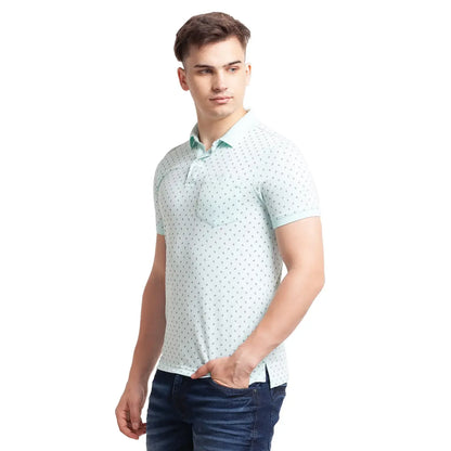 Men Green Regular Fit Print Polyester Blend Round Neck Collar Polo T-Shirt
