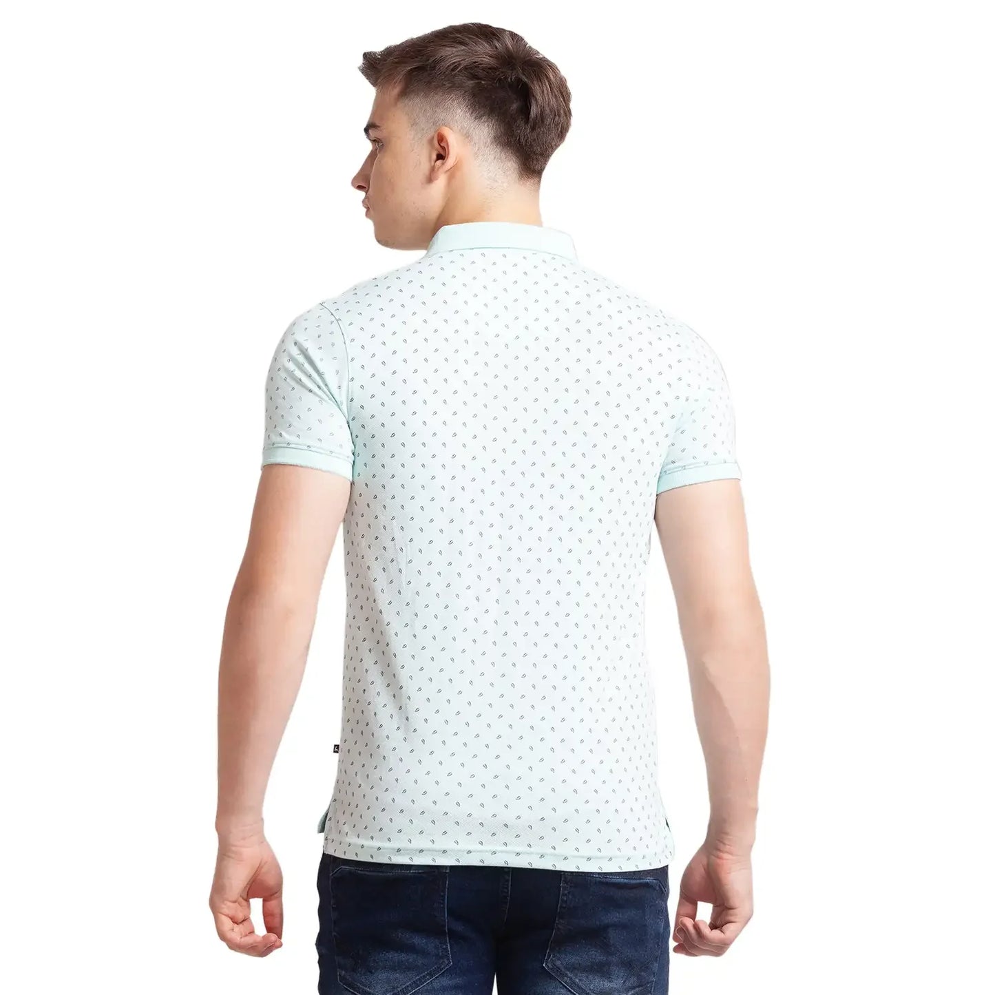 Men Green Regular Fit Print Polyester Blend Round Neck Collar Polo T-Shirt