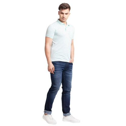Men Green Regular Fit Print Polyester Blend Round Neck Collar Polo T-Shirt