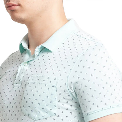 Men Green Regular Fit Print Polyester Blend Round Neck Collar Polo T-Shirt