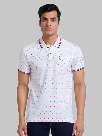 Men White Regular Fit Print Cotton Round Neck Collar Polo T-Shirt