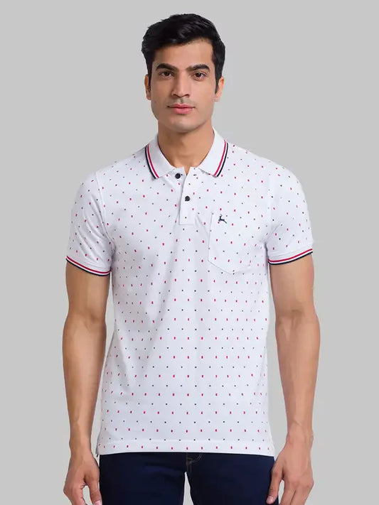 Men White Regular Fit Print Cotton Round Neck Collar Polo T-Shirt