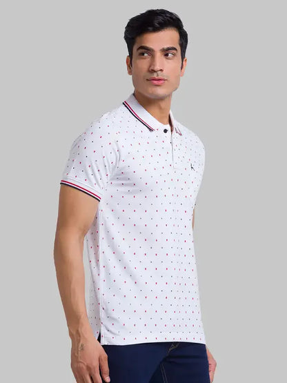 Men White Regular Fit Print Cotton Round Neck Collar Polo T-Shirt