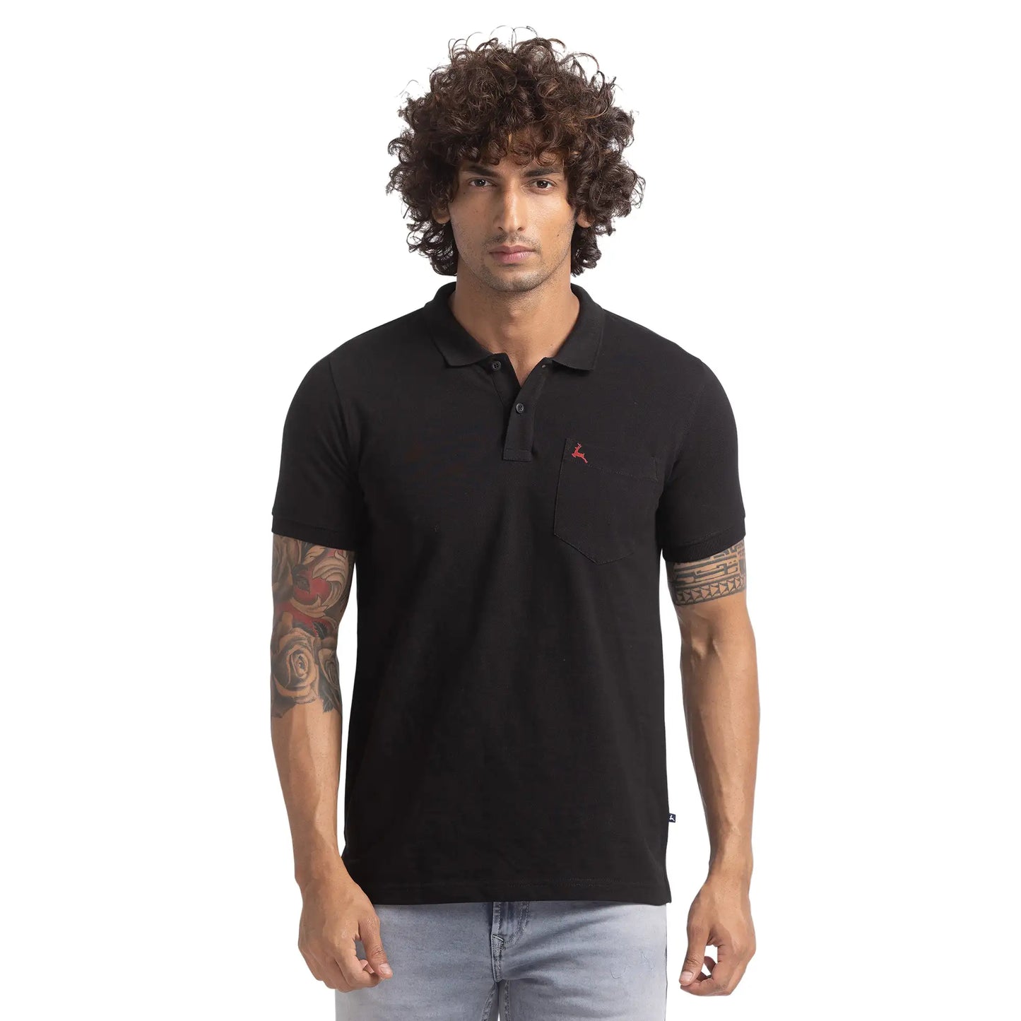Men Black Regular Fit Solid Cotton Round Neck Collar Polo T-Shirt