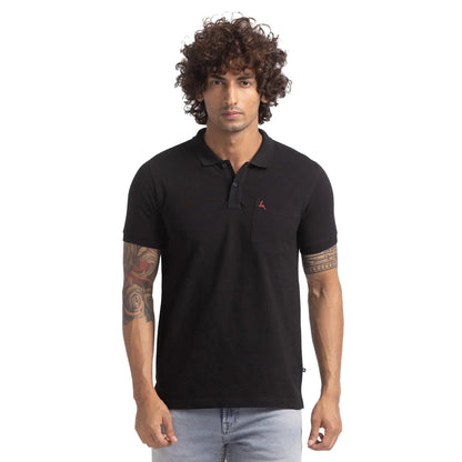 Men Black Regular Fit Solid Cotton Round Neck Collar Polo T-Shirt