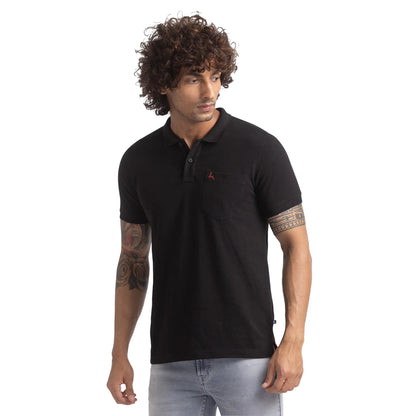 Men Black Regular Fit Solid Cotton Round Neck Collar Polo T-Shirt