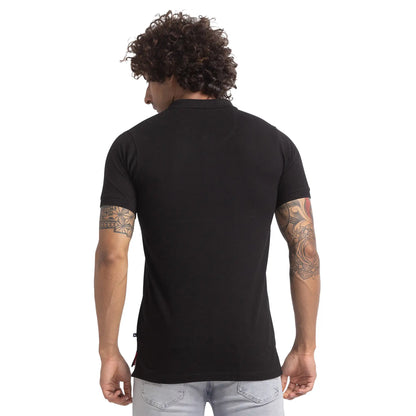 Men Black Regular Fit Solid Cotton Round Neck Collar Polo T-Shirt