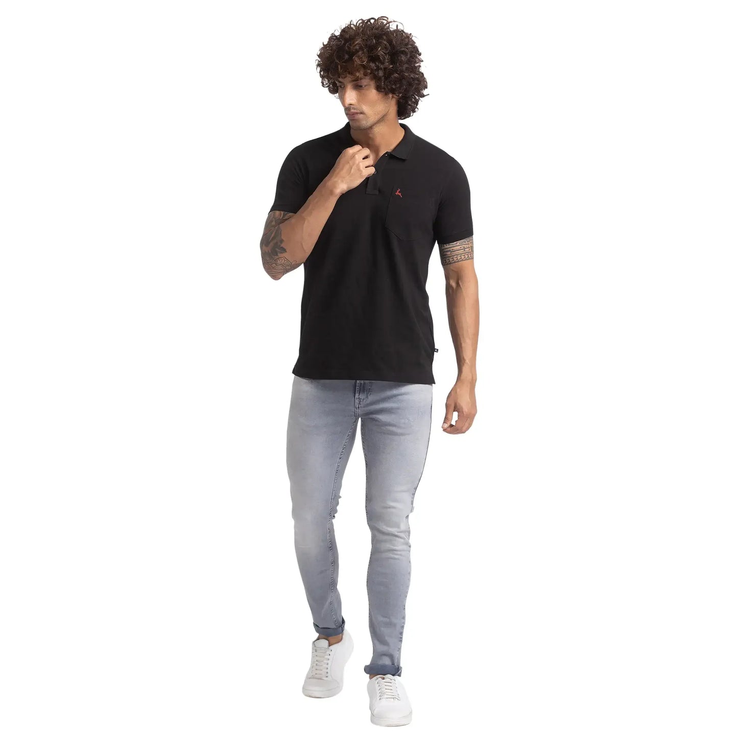 Men Black Regular Fit Solid Cotton Round Neck Collar Polo T-Shirt
