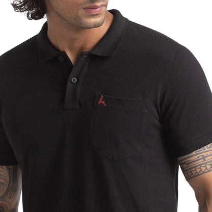 Men Black Regular Fit Solid Cotton Round Neck Collar Polo T-Shirt