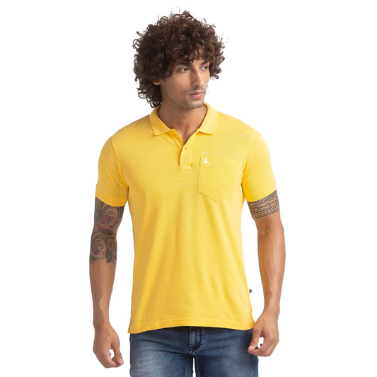 Men Yellow Regular Fit Solid Cotton Round Neck Collar Polo T-Shirt