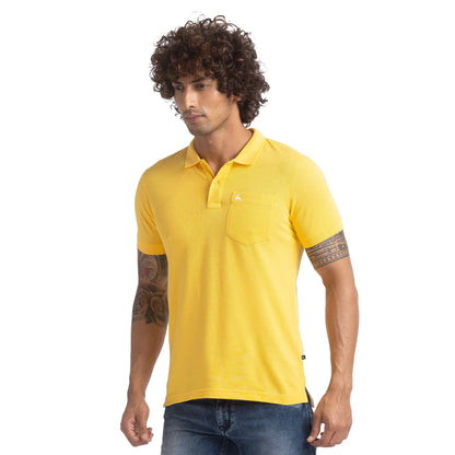 Men Yellow Regular Fit Solid Cotton Round Neck Collar Polo T-Shirt