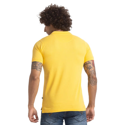 Men Yellow Regular Fit Solid Cotton Round Neck Collar Polo T-Shirt