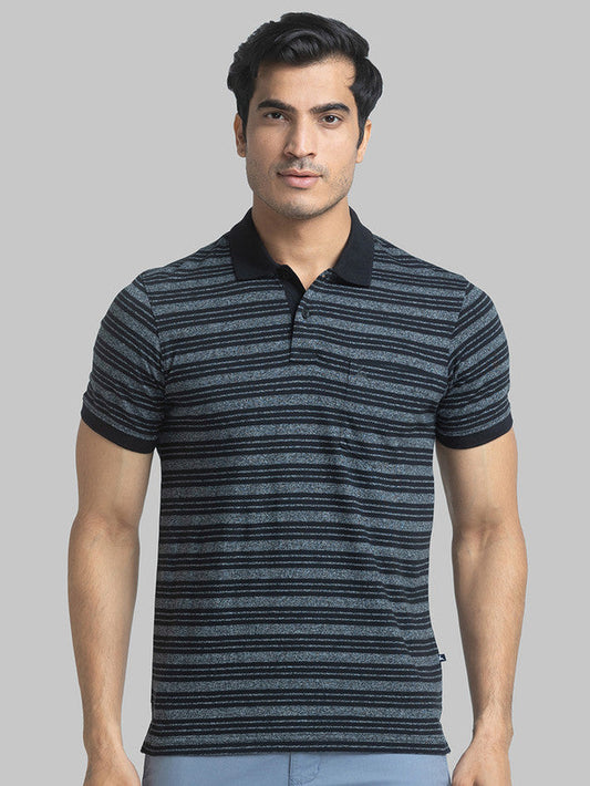 Parx Men Black Yarn Dyed Regular Fit Half Sleeve Polo Neck T-Shirt