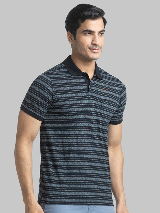Parx Men Black Yarn Dyed Regular Fit Half Sleeve Polo Neck T-Shirt